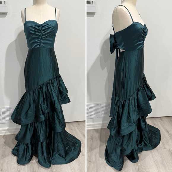 Dress the Population Clarice Tiered Ruffle Satin Gown in Pine Emerald Green - S - Picture 6 of 8